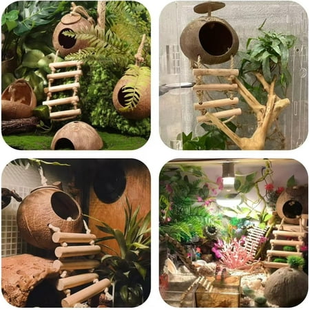 Crested Gecko Tank Accessories, Reptile Plants Bridge Vines, Coconut Shell with Ladder for Lizard, Chameleon Cage, Snakes, Hermit Crab, Leopard Gecko Tank Accessories, Terrarium Decor
