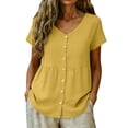 thumbnail image 5 of Women's Blouses Breathable Casual Cotton Linen Tops Crew Neck Short Sleeve Button Down Tee Summer Shirts Yellow L, 5 of 8
