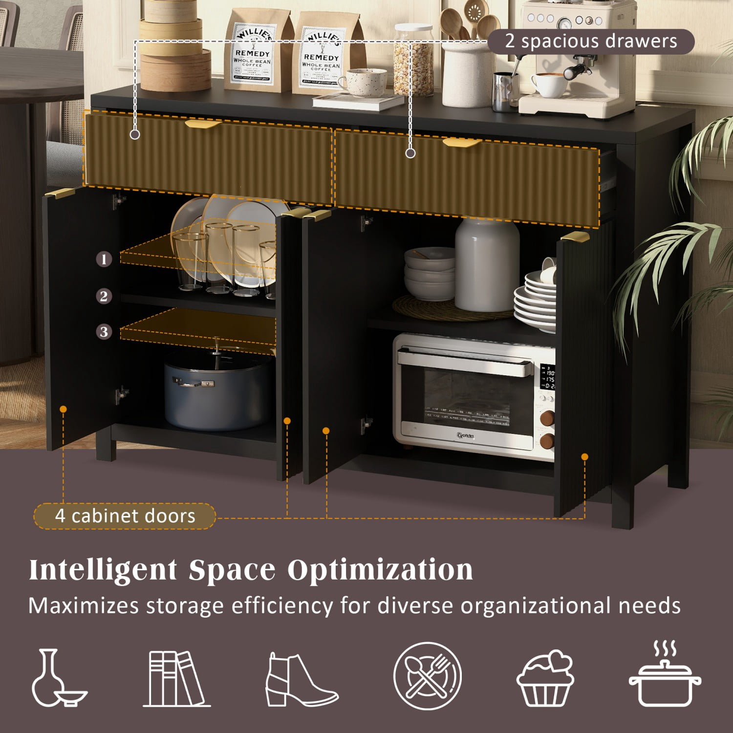 Modern 55.1" Sideboard Buffet Cabinet, 2 Drawers 4 Doors Storage Credenza with Adjustable Shelves, Wave-Pattern MDF Cabinet for Living Room Dining Entryway, Black