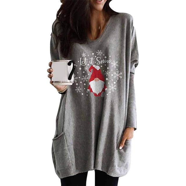 Suéter navideño para mujer, sudadera de cuello redondo, manga larga, suéter festivo con bolsillos