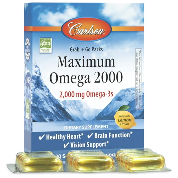 Carlson - Maximum Omega 2000, 2000 mg Omega-3s, Norwegian, Wild Caught, Sustainably Sourced, Lemon, Bonus Bottle, 30 Softgels