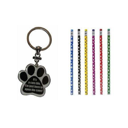 Bundle 2 Items: One (1) It's a cats life. I'm just here to open the cans! Paw Print Keychain and a Lot of Twelve (12) Paw Print Pencils