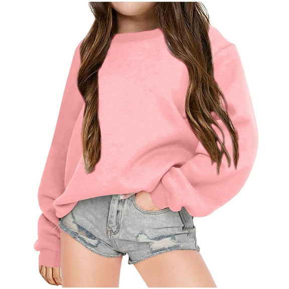Meitianfacai Little & Big Girls Sweatshirt Casual Solid Basic Hoodie 2024 Trending Crewneck Long Sleeve Tunic Tops Pullovers Fall Fashion Outfits, Girls Pink Sweatshirt Size 6-7 Years