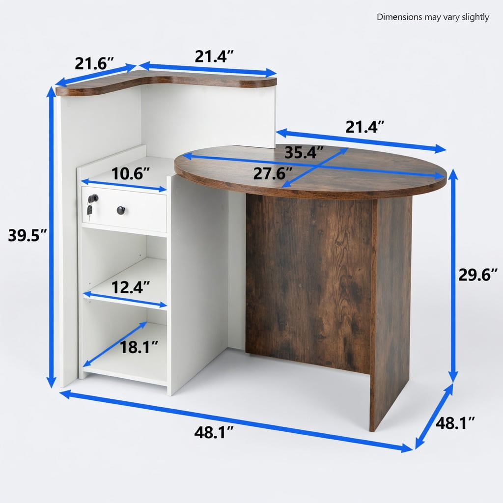 Demi Bonn Front Reception Office Desk with Open Shelf and Lockable Drawer, Small Home Computer Desk Study Writing Table, Brown + White