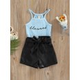 thumbnail image 4 of hirigin Girls Shorts Set Ribbed Letter Print Sleeveless Sling Tops + High Waist Leather Shorts Cute Two-Piece Set, 4 of 9