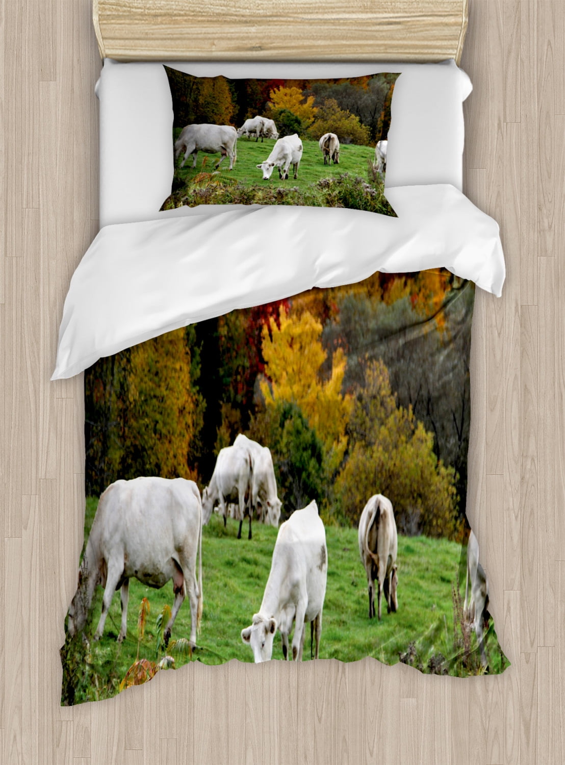 Farm Animal Duvet Cover Set Twin Size, Photo of Grazing Cows on Hill