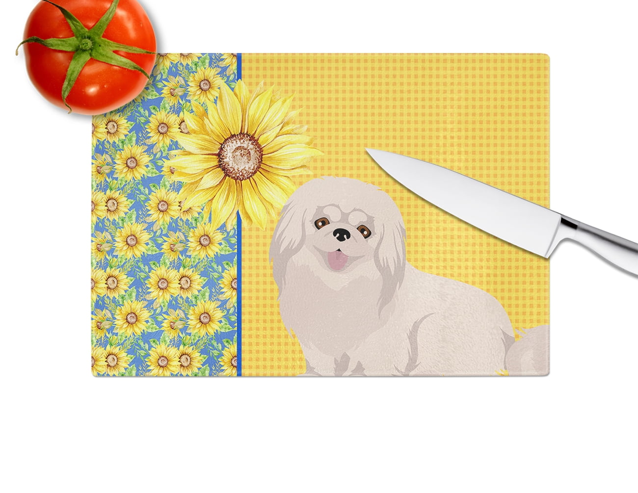 Summer Sunflowers White Pekingese Glass Cutting Board Large 12 in x 15 in