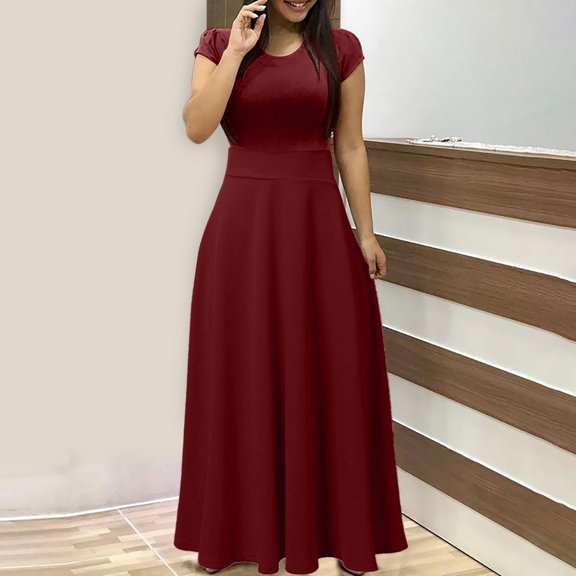 LEKWK Formal Dresses for Women Short Sleeve Crew Neck Maxi Dress High Waist Dress A Line Long Dress Wedding Guest Dress Solid Color Elegant Party Work