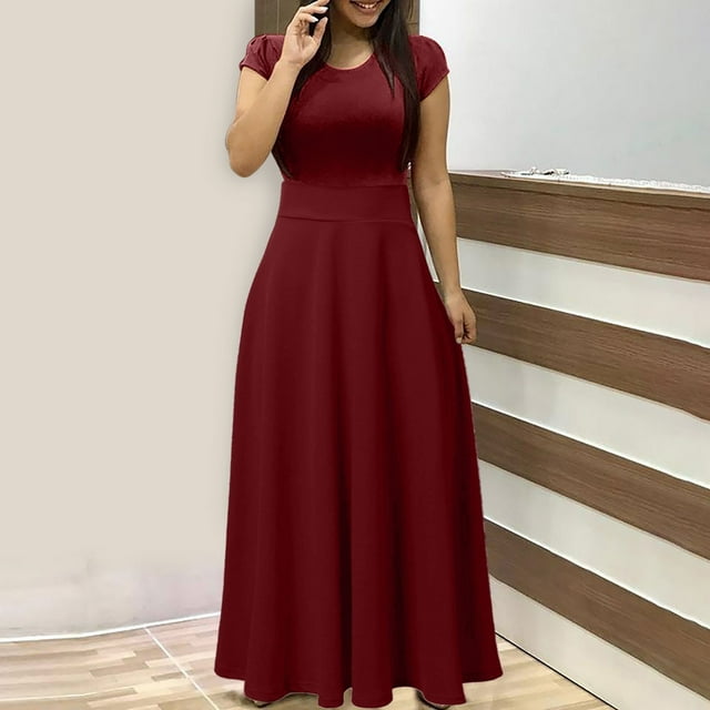 Puntoco Vestido Largo De Manga Corta Con Cuello Redondo Y Color Liso Para Mujer Borgoña S,Regalos Para Mujer Joven