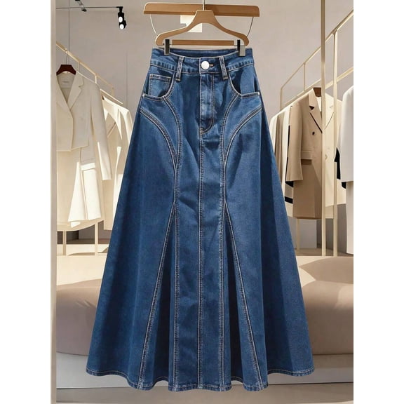 Womens Light Wash Denim Midi Skirt With Pockets A-Line Flare Style
