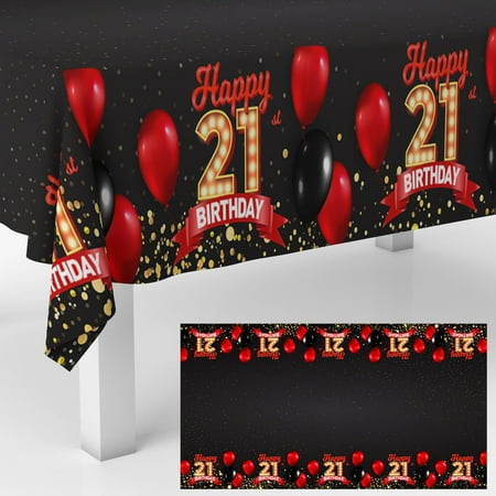 

21st Happy Birthday Tablecloth YPF5 Black & Red Rectangle Table Cover Decorations for Cheer to 21 Years Old Birthday Party Anniversary Party Supplies Glitter Decor Favor