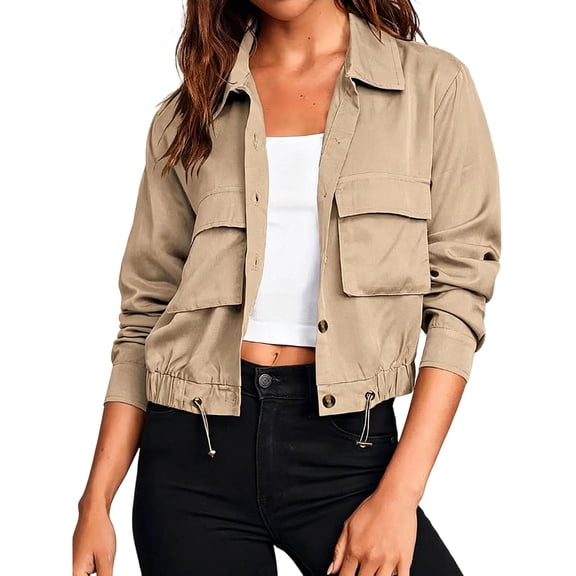 JGGSPWM Women's Solid Color Casual Cropped Jackets Button Down Lightweight Outdoor Oversized Utility Coat with Pockets Yellow S