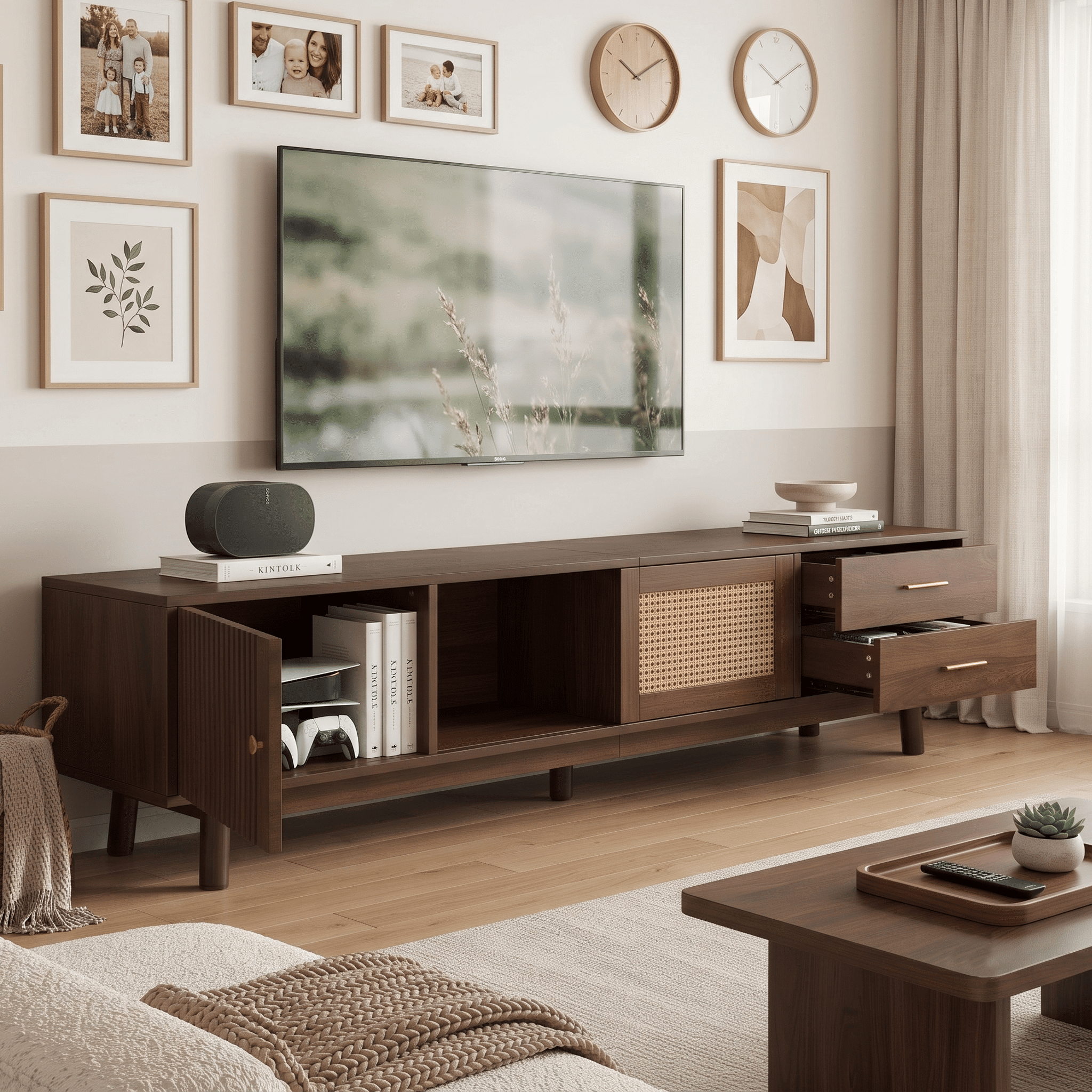 Homy Casa 70.9" Walnut TV Stand for 75" TVs with Rattan Doors, 2 Drawers and Cable Management