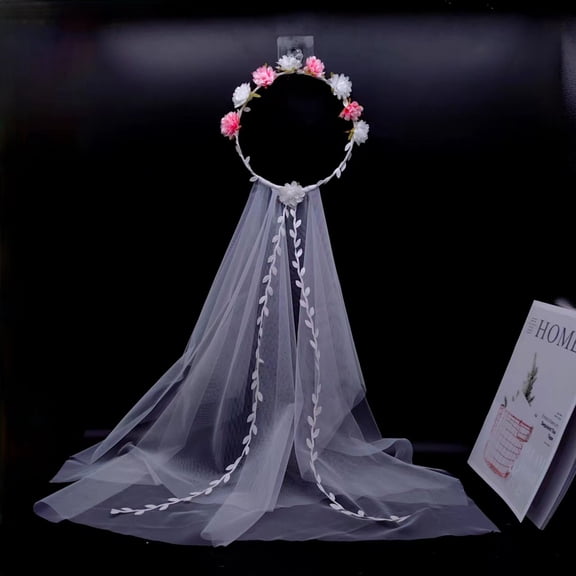 Zhuge Wedding Bridal Veil Floral Garland Veil Flower Crown Veil Boho Flower Crown Party Veil for Wedding Beach, White，Pink