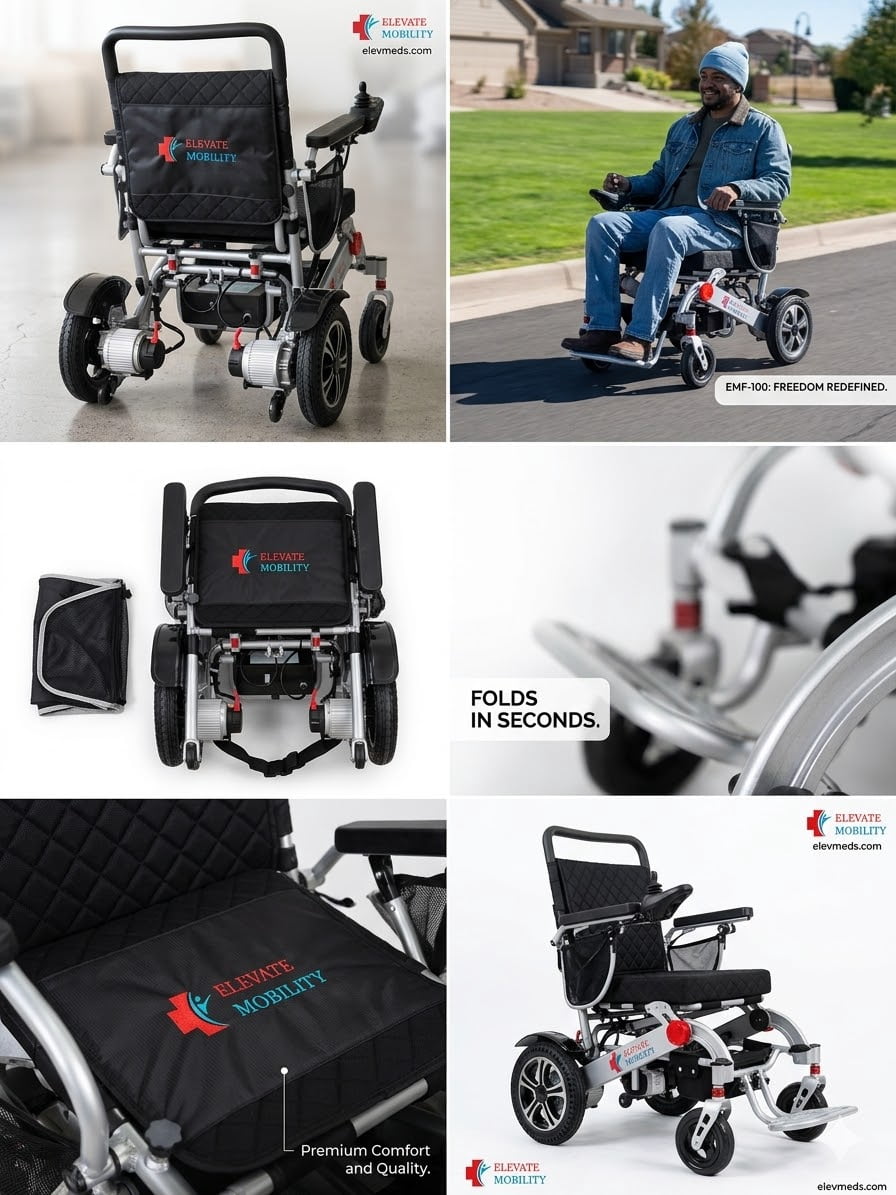 EM-100F Electric/Manual, Remote-Control Electric Wheelchair with Control Joystick and Shopping Bag