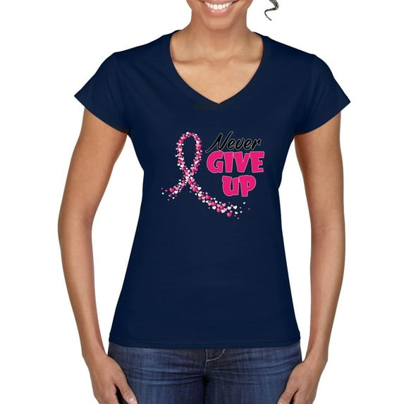 Wild Bobby, Never Give Up Fight Cancer, Breast Cancer Awareness, Women Standard V-Neck Tee, Navy, Small