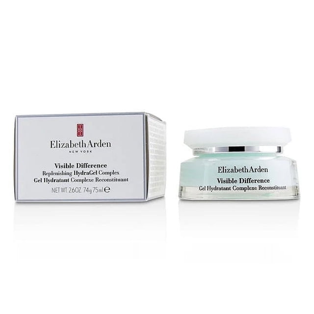 crema hidratante elizabeth arden visible difference 100 ml hydrage tarro de gel hidratante en vidrio claro con tapa blanca y caja blanca con el logotipo, vista frontal que muestra la etiqueta; fórmula ligera para hidratar, nutrir y equilibrar los niveles de humedad del rostro, adecuada para todo tipo de piel; a menudo usada como base ligera antes del maquillaje.