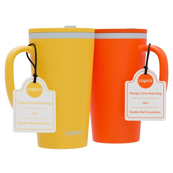 Copco Cone Desk Mug, 16 Ounce (Set of 2) - Double Wall Insulated Mug Set with Lid and Handle, Microwave & Dishwasher Safe, BPA-Free Mug, Desk-Friendly & Car Cup Holder Compatible (Orange/Mustard)