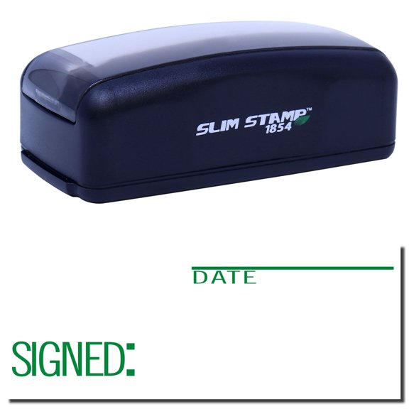 Large Pre-Inked Signed with Date Stamp, Slim 1854, Ultra Slim Design, Impression Size 1-13/16" by 2-1/2", Up to 25,000 Impressions - Green Ink