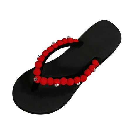 

TOYFUNNY Roman Style Hair Ball Beach Bathroom Non-Slip Open Toe Breathable Sandals Women Flip Flops