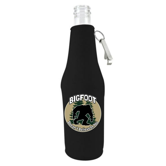 Bigfoot Doesn't Believe In You Beer Bottle Coolie With Opener (Black)
