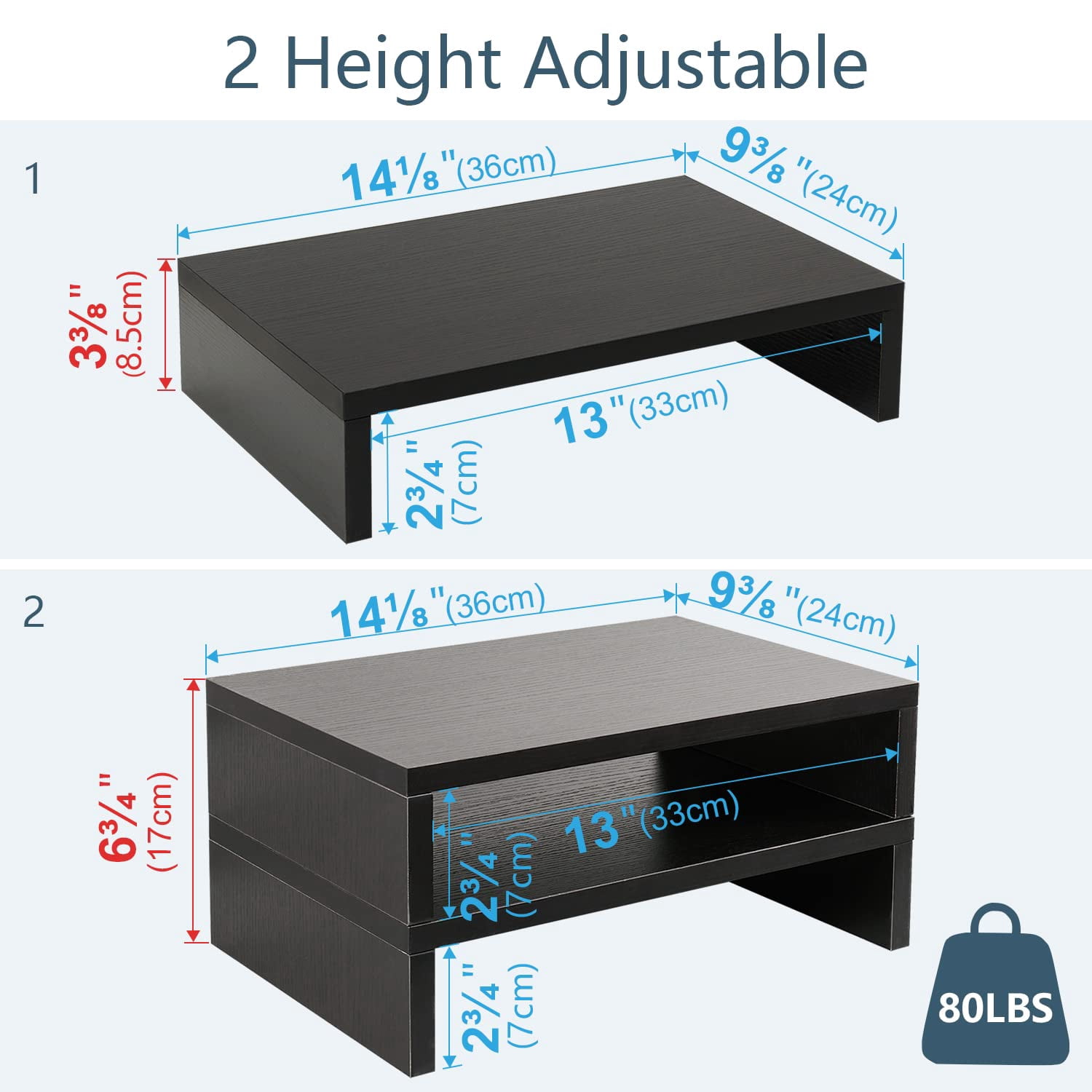 Wood Monitor Stand Riser-2 Pack  2 Tier Adjustable Dual Riser For 2 Monitors/laptop/pc Black Computer Desk