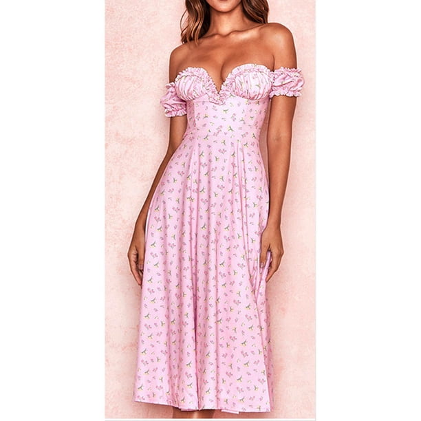 de con estampado floral dulce para mujer, hombros descubiertos, cuello en V, derrames laterales , atuendos casuales par rosa XXL Yinane Vestido estampado floral