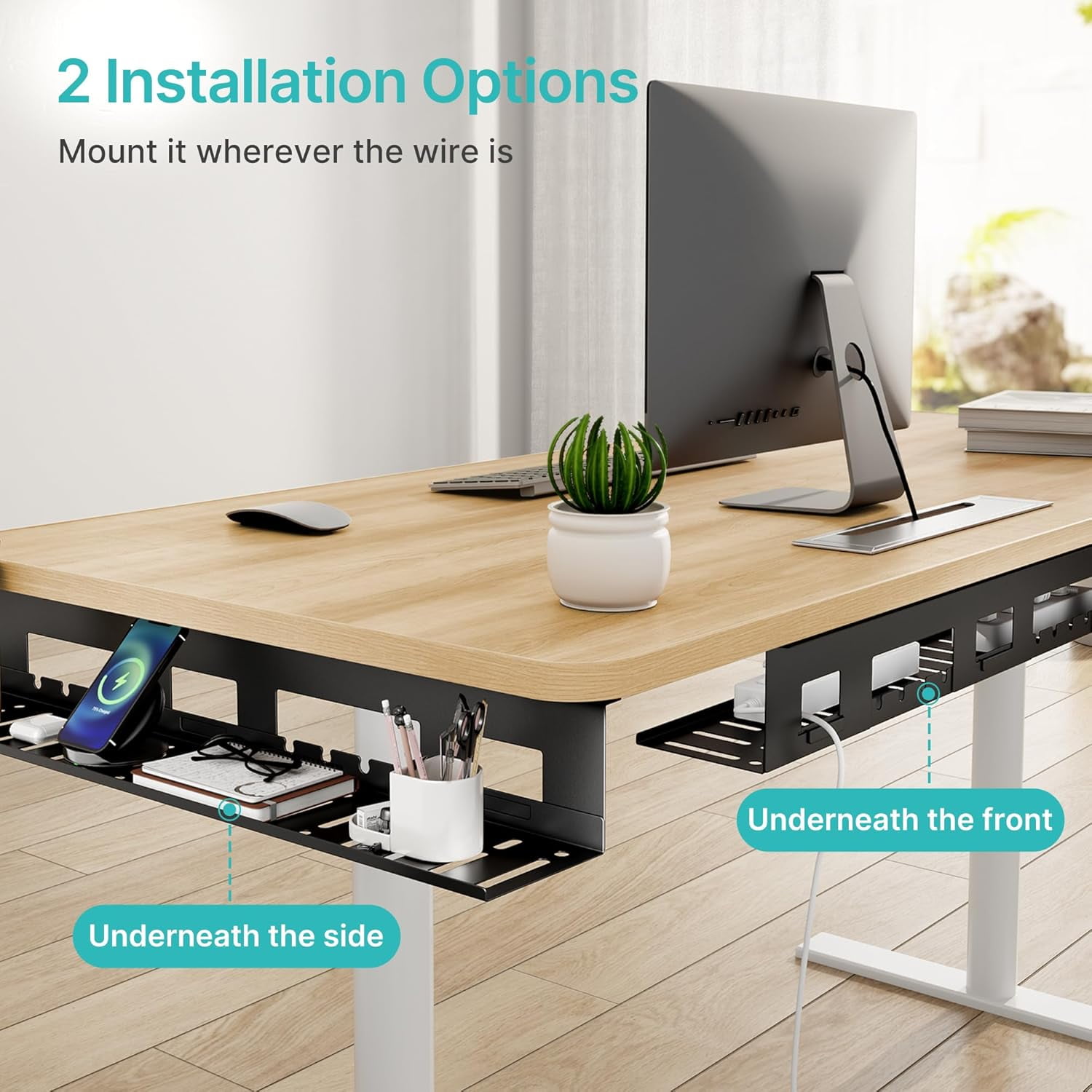 Under Desk Cable Management Tray, 31.5" Metal Cord Organizer Rack for Power Strips, Wires & Chargers, Easy Mounting Desk Tray for Home Office, Black