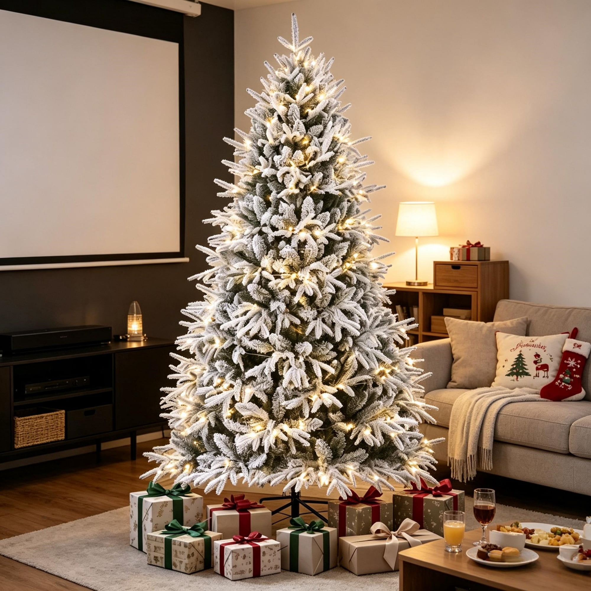 6 ft Pre-Lit Flocked Christmas Tree with 2015 Tips and 260 Warm White LED Lights, Hinged Design