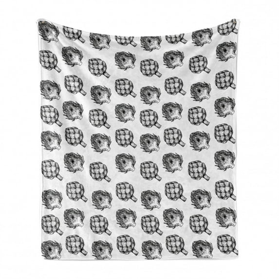 Artichoke Soft Flannel Fleece Blanket, Farm Vegetables Food Nutritious and Delicious Vegan Options Black and White, Cozy Plush for Indoor and Outdoor Use, 60" x 80", Black and White, by Ambesonne