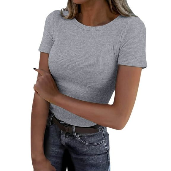 Women Short Sleeve Tops Crewneck Rib Knit Slim Fit Shirts Basic Tee 2025 Summer Casual T Shirt Trendy Clothes
