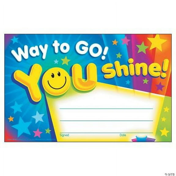 Way to Go! You Shine! Award Certificates, Birthday, Stationery, 30 Pieces