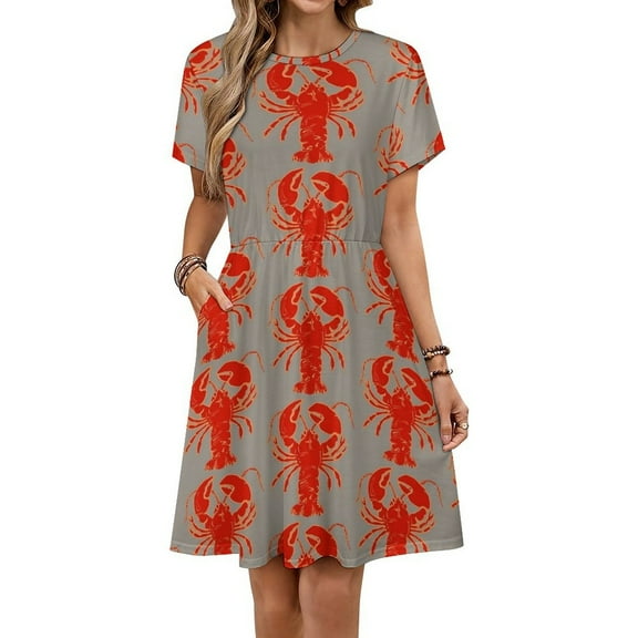 Lobster Art Prints Short Sleeve Dress Women Summer Evening Dresses Ladies Sundress