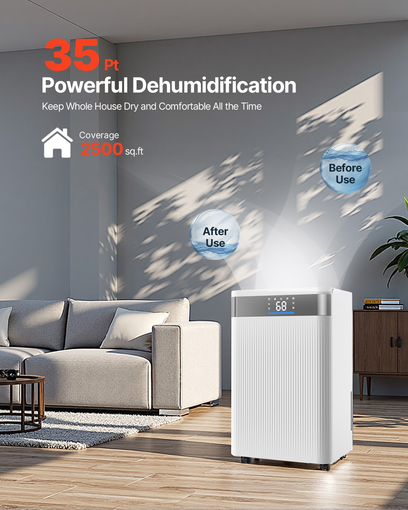 VEVOR 35 Pints Dehumidifier for Home & Basement, Drain Hose for Commercial & Industrial Use, Smart Humidity Control, Low Noise for Large Rooms, Warehouses, Bedrooms & Storage, Large Coverage,White
