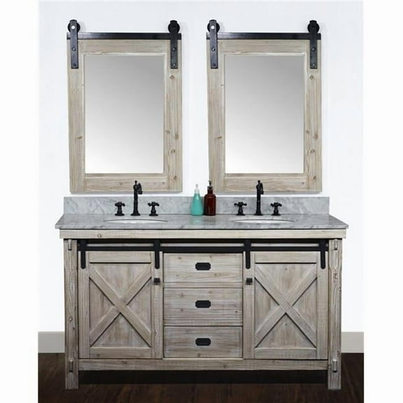 InFurniture WK8560-CW TOP 60 in. Rustic Solid Fir Barn Door Style Double Sinks Vanity with Carrara White Marble Top, Driftwood - No Faucet - 61 x 34.6 x 22 in.