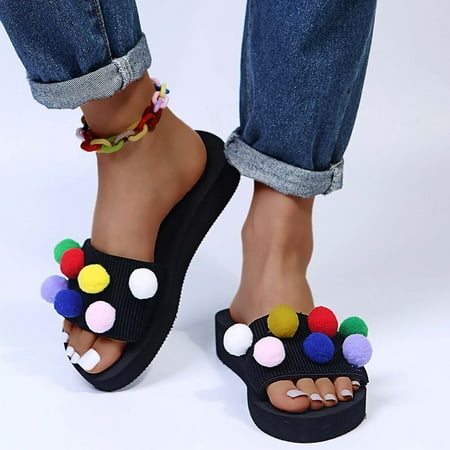 

Women s Sandals Wedge Heel Outer Wear Colorful Fur Balls Easy To Put On And Take Off Slippers Home Shoes