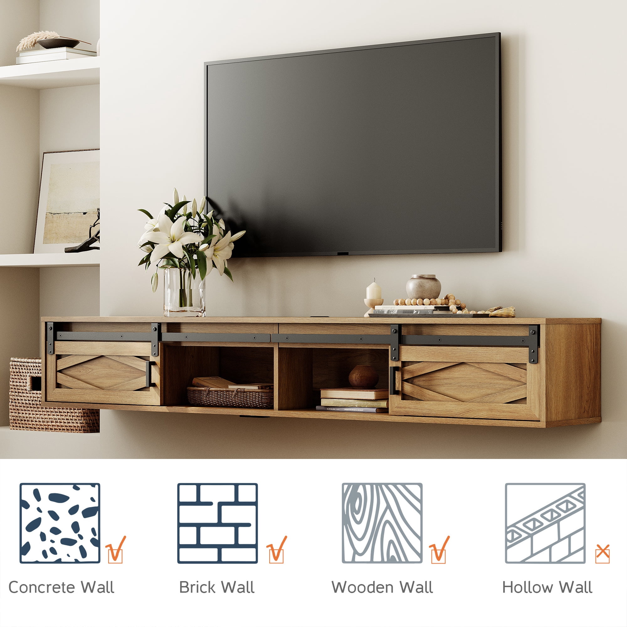 Sliding Barn Door Floating TV Stand with Charging Station，Beige