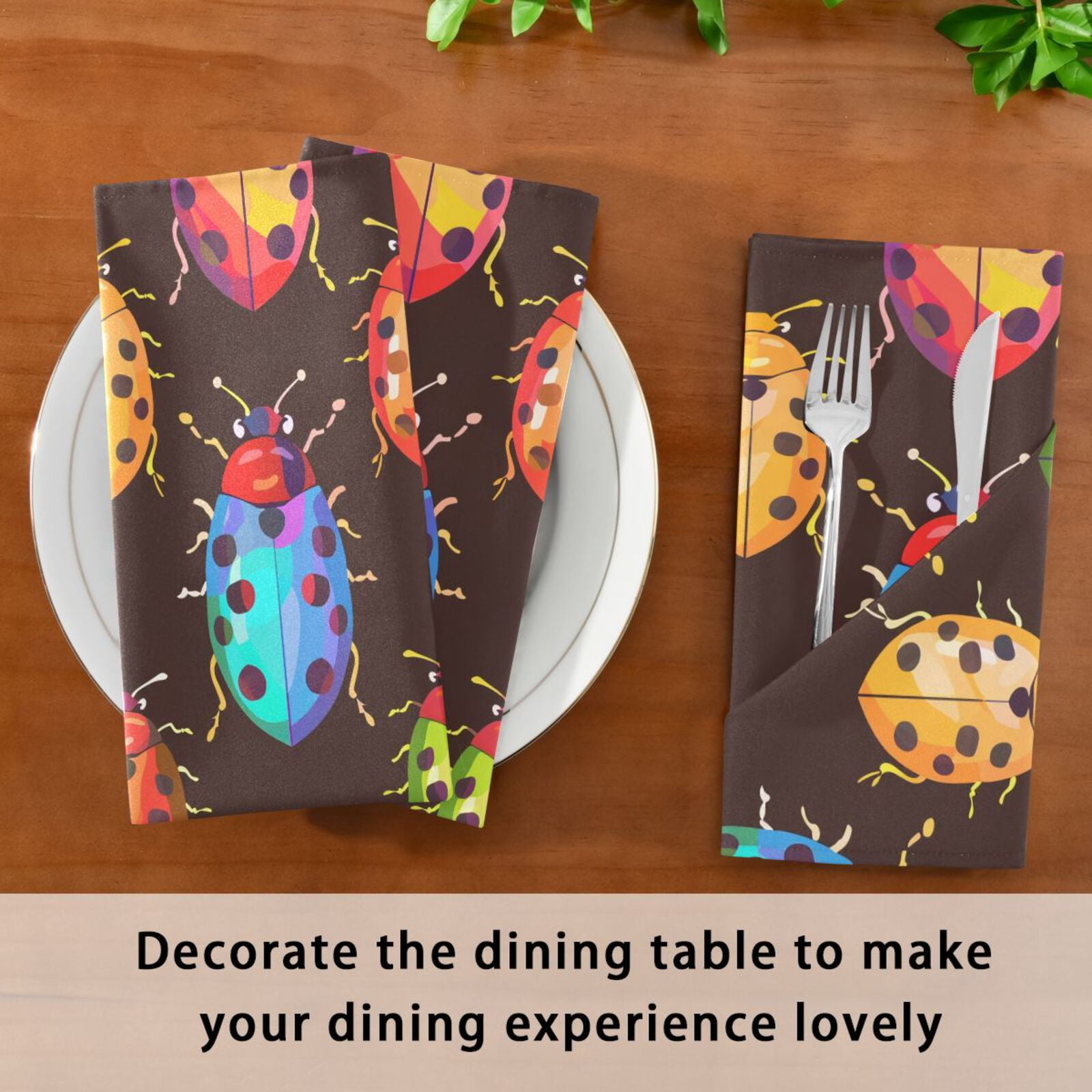 JSTEL Rainbow Lady Bug Cloth Napkins Set of 6, 20x20 Inch Washable and Reusable Napkin for Decoupage Dinner Party Everyday Use