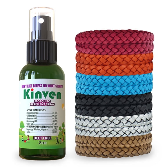 Kinven Anti Mosquito Repellent Bundle - (2oz Bottle 12 Bracelets, Multi-Color)