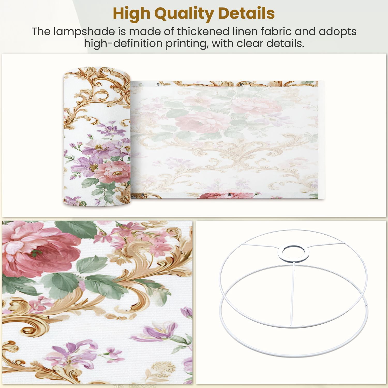 Linen Drum Lamp Shades Vintage Floral Baroque Pink Purple Flowers White 13" x 13" x 10" Lampshade for Table Lamps Floor Lamps Lamp Shade Replacement Easy Assembly Required