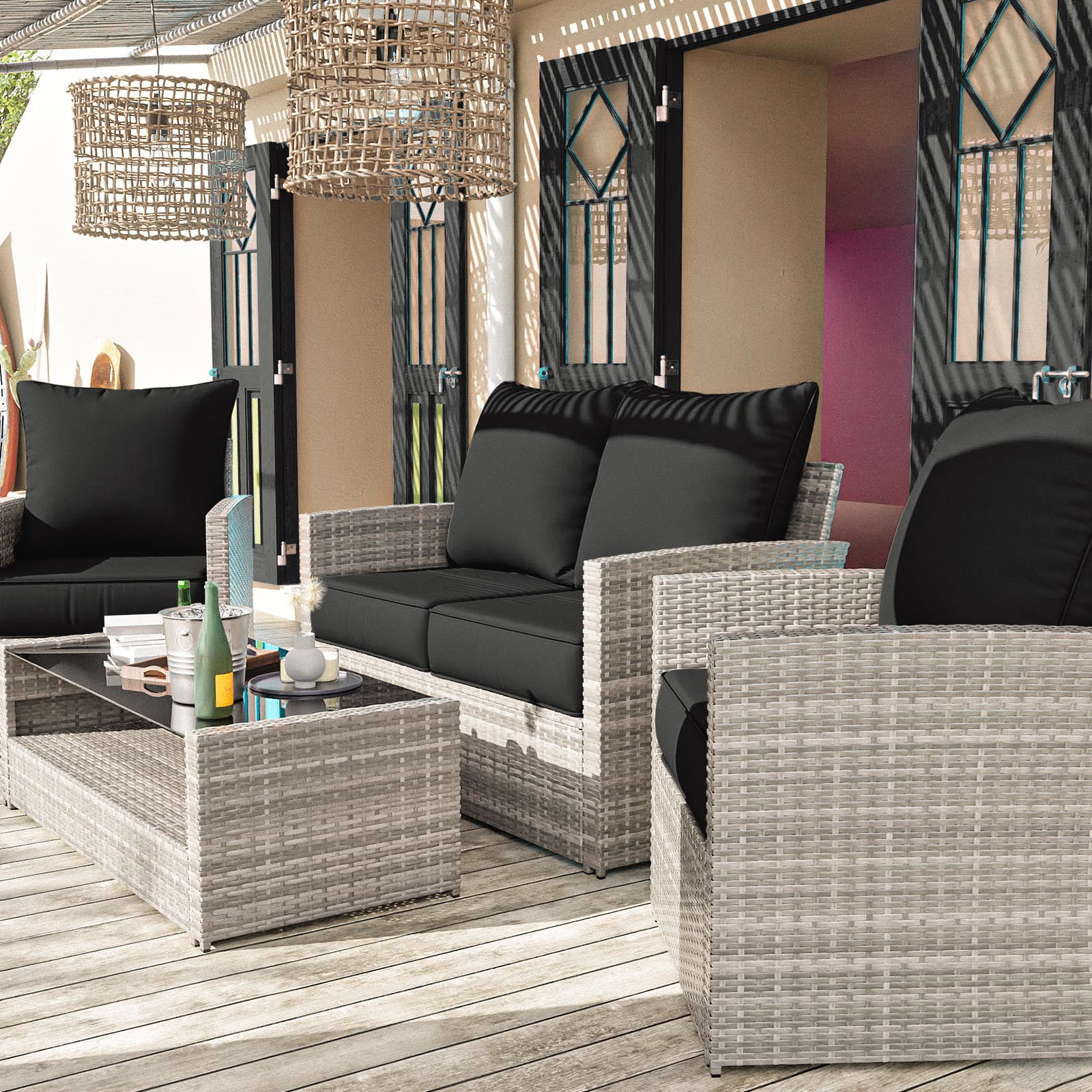 Snubbull Outdoor Deep Seat Cushion Set 24 X 24 X 6.5 Inch Splash-Proof & Fadeness Patio Furniture Cushions，Removable Outdoor Couch Cushions with Hidden Zipper & Adjustment Staps, Black