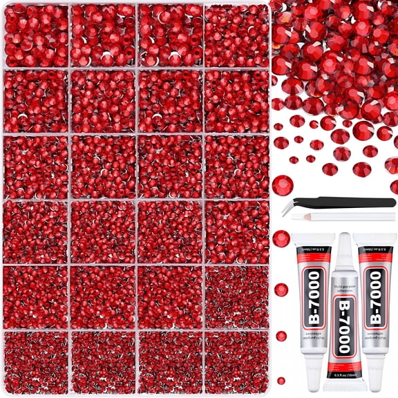 TUWAFE 32000Pcs Resin Rhinestones with Tweezers for Crafting,Red Flatback Gems,Bedazzling Crystal with 3Pcs 10Ml Jewelry Glue for Diy Crafts Clothing Tumblers Shoes Fabric Nail Art