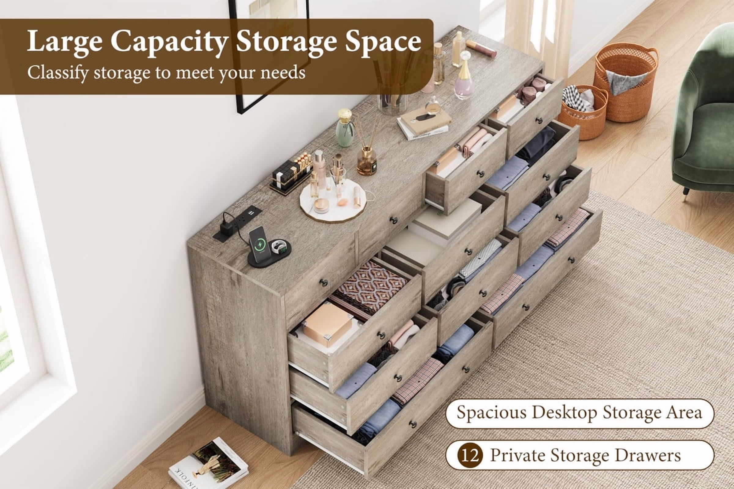 Towallmark Dresser for Bedroom,12 Drawer Dressers & Chests of Drawers, Wood Storage Drawer Dresser with Power Outlet, 61 Inch
