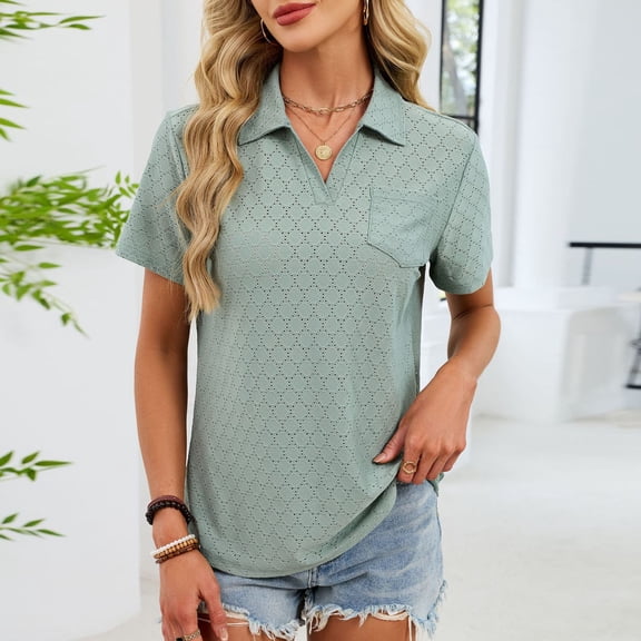 NTACZA Short Sleeve Tops for Women V Neck Business Casual Polos with Pocket Loose Fitting Eyelet Lapel Women Shirts L
