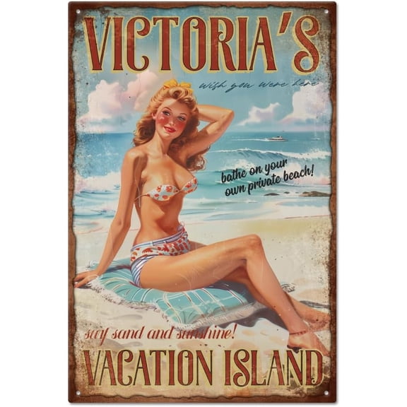 1pc Vintage Pin Up Lady Metal Tin Sign 8×12inch Retro Beach Vacation Funny Tin Room Door Sign Cave Signs Art Plaque Poster Wall Decor for Home Bars Cafe Pubs Club Decoration
