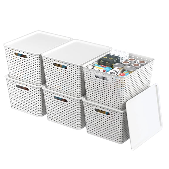 Teyyvn 6 Pack Large Plastic Storage Basket with Lid, 20 Quart Lidded Storage Basket Bin for Closet Shelves, White