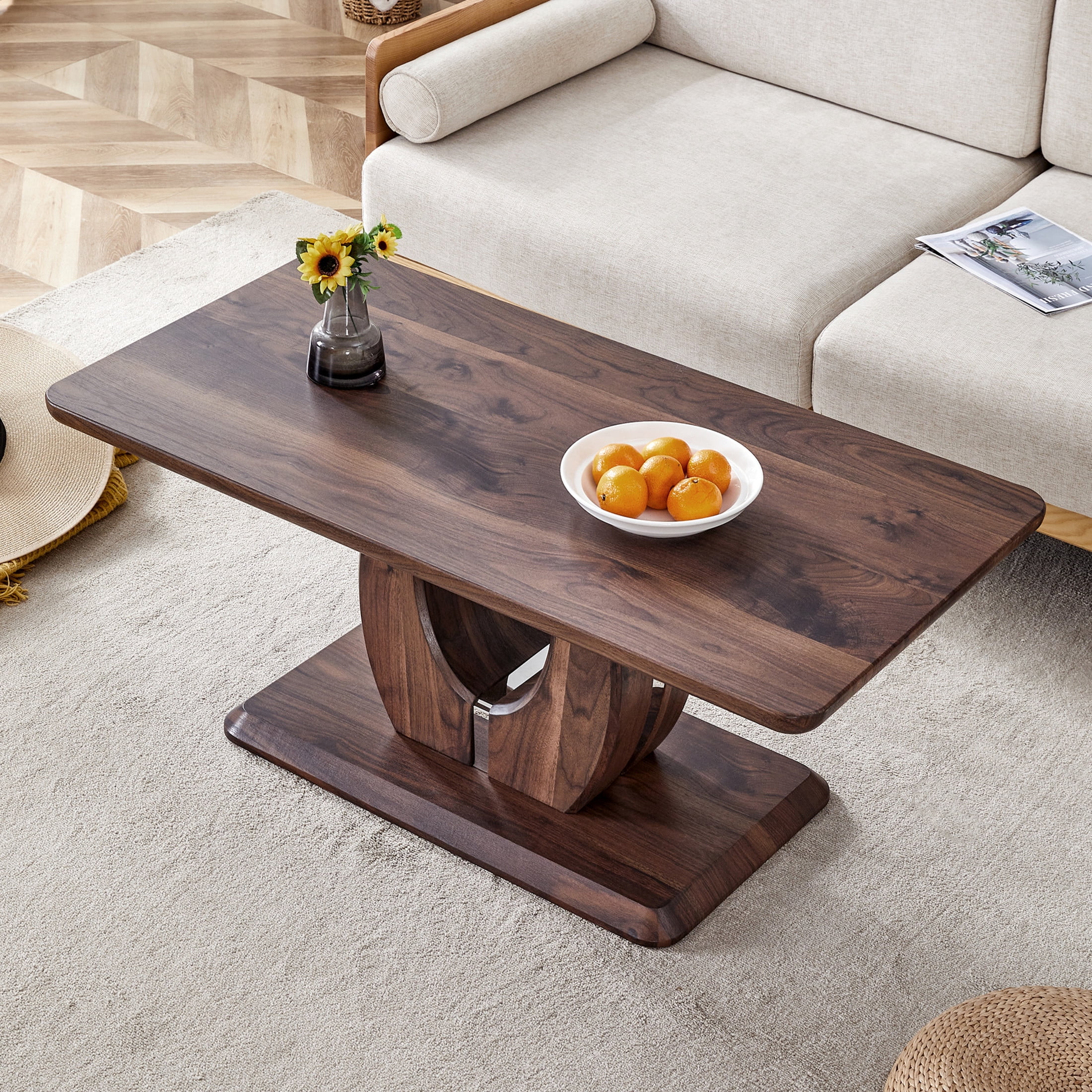 Noble House Minimalist Rectangular Coffee Table, Texture MDF with Silver Trim, Modern Design for Livign Room, Walnut