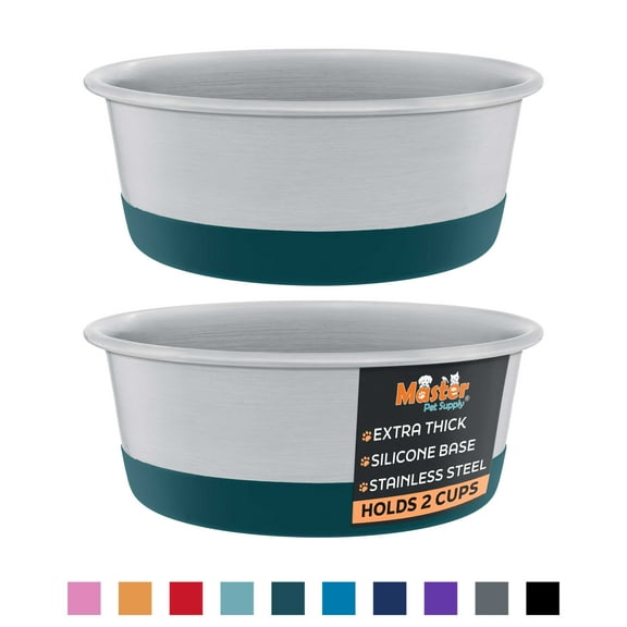 Master Pet Supply Stainless Steel Dog Bowls Set of 2 with Extra Thick Silicone Base - 2 Cup (16 oz) Emerald Sea, Non-Slip, Dishwasher Safe Metal Bowls, Pet Dog Food Bowl for Dogs, Cats, Anti Rust