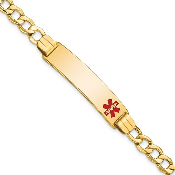 14K Yellow Gold Semi-Solid Medical Red Enamel Curb Link Id Bracelet (7 X 10.5) Made In United States xm579fr-7