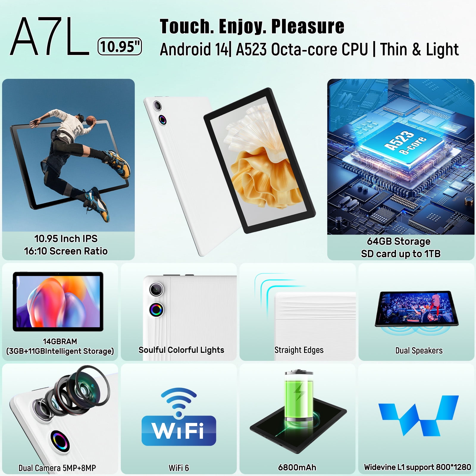 11 inch Tablet Android 14 Octa-Core, 14GB RAM+64GB ROM (TF 1TB), 6800mAh, Widevine L1, WiFi 6, 8 in 1 Tablet with Keyboard, Mouse, Protective Case, Stylus, Headset, Charger- White